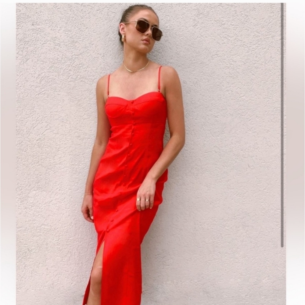 NWT Antonio Melani Marcie Stretch Linen Red Midi Dress Sweetheart Neck 10 - Picture 5 of 15
